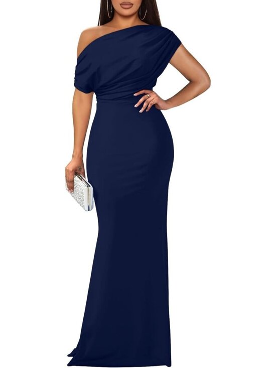 Dresses & Skirts - Women's Elegant Sleeveless Off Shoulder Bodycon Navy Long Formal Party Dress
